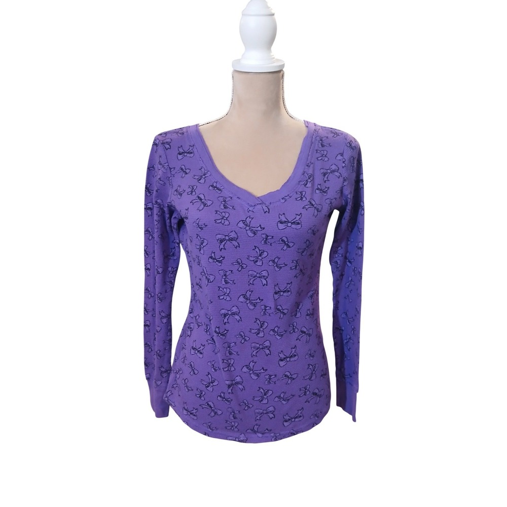 Vtg ONE STEP UP Purple Thermal Long Sleeve Shirt Bow Print Juniors Size L y2k